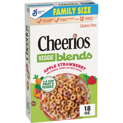 Cheerios Veggie Blends Breakfast Cereal, Apple Strawberry Flavored, Made with Fruits and Veggies, Family Size, 18 oz