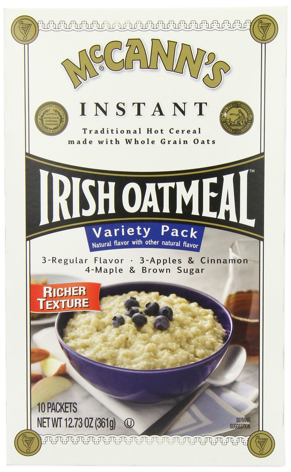McCANN&#39;S Instant Irish Oatmeal, Variety Pack of Regular, Apples &amp; Cinnamon, and Maple &amp; Brown Sugar, 10-Count Boxes (Pack of 6)