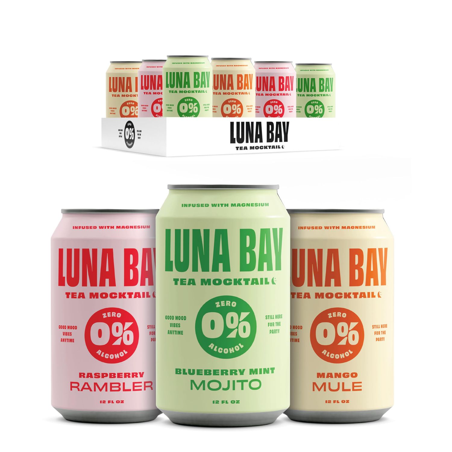 Luna Bay Zero Percent Tea Mocktail - Ready to Drink Non-Alcoholic Beverage, Vegan and Gluten Free - Variety Pack - Mango Mule, Blueberry Mint Mojito, Raspberry Rambler (12 Pack, 12 fl oz Cans)