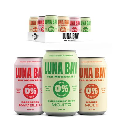 Luna Bay Zero Percent Tea Mocktail - Ready to Drink Non-Alcoholic Beverage, Vegan and Gluten Free - Variety Pack - Mango Mule, Blueberry Mint Mojito, Raspberry Rambler (12 Pack, 12 fl oz Cans)