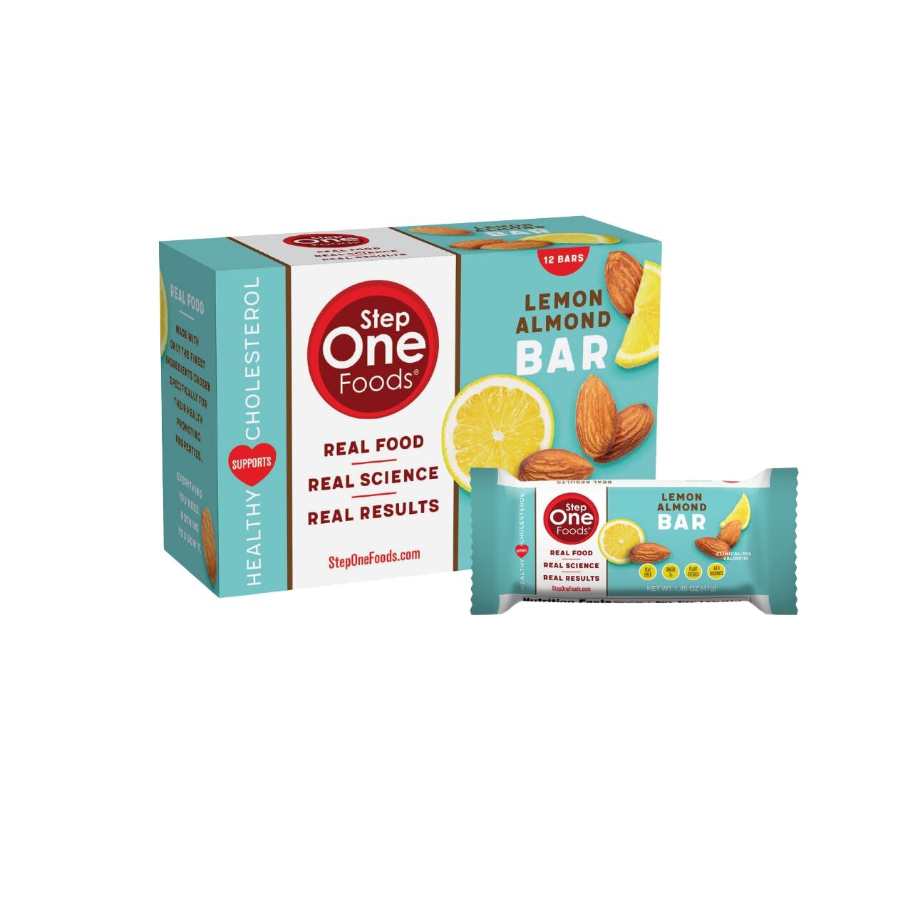 Step One Foods Lemon Almond Bar, Heart Healthy Snack Plant Sterols, Omega 3&#39;s High Fiber Snack Gluten &amp; Dairy Free, Vegan, Zero Sodium, Granola Bars (12 Pack)