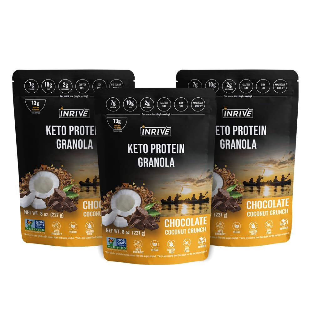 Inrive High-Protein Chocolate Coconut Crunch Gluten-Free Granola, Keto, Soy-Free, Kosher, No Added Sugar, Vegan, Non-GMO, 8oz, 3-pack