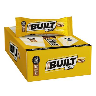 BUILT Protein Bars, Milk Chocolate S&#39;mores Chunk Puff, 12 bars, Protein Snacks, 15g of Protein, Collagen, Chocolate Protein Bar with only 160 calories &amp; 8g sugar, Not Gluten Free, Great Protein Snack