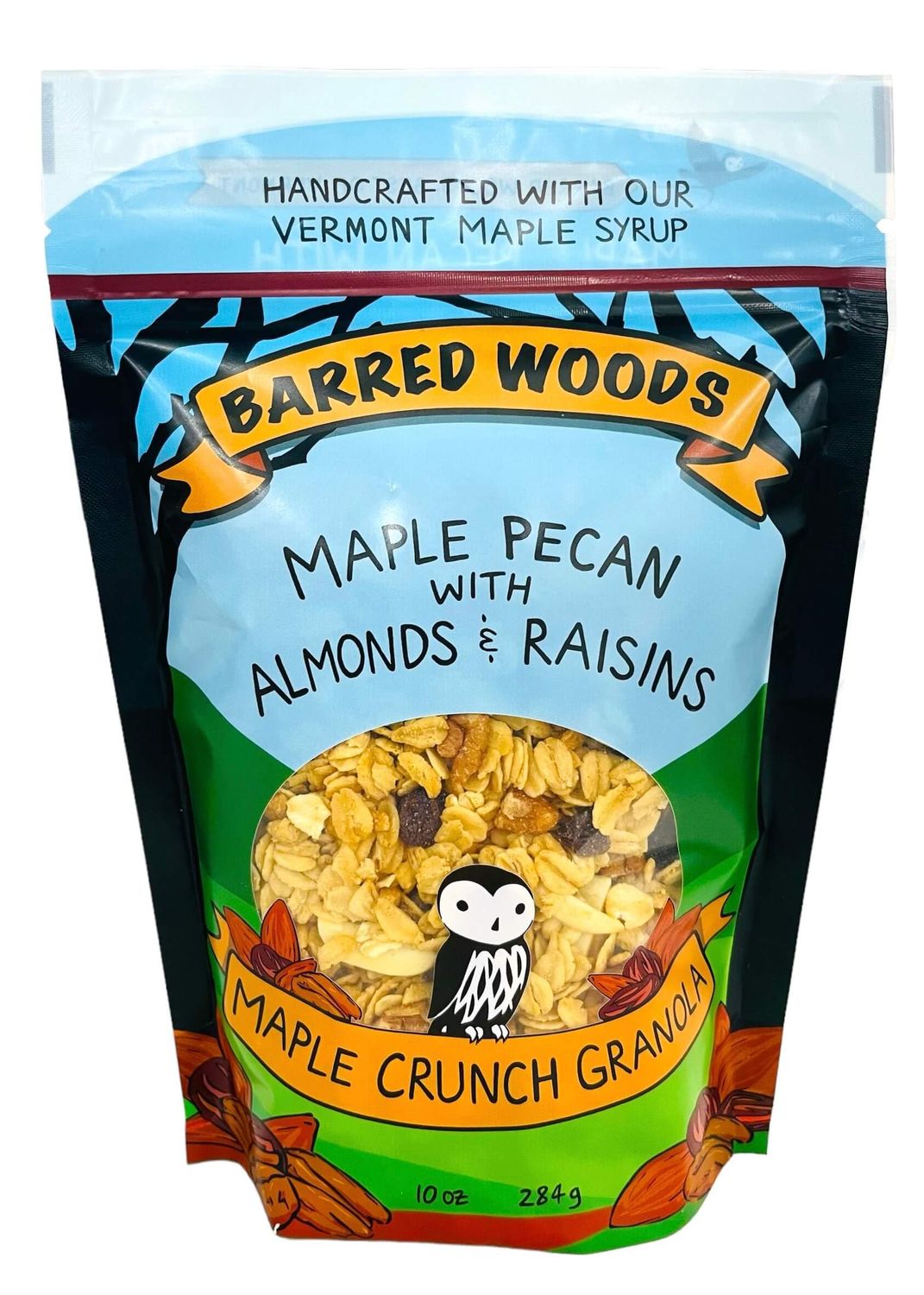 Barred Woods Maple Crunch Granola - Maple Pecan with Almonds and Raisins - Sweetened With Only Our Own Vermont Organic Maple Syrup and Maple Sugar - 10oz Bag (Case of 3 Bags)