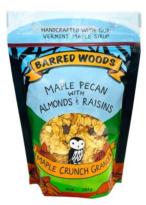 Barred Woods Maple Crunch Granola - Maple Pecan with Almonds and Raisins - Sweetened With Only Our Own Vermont Organic Maple Syrup and Maple Sugar - 10oz Bag (Case of 3 Bags)