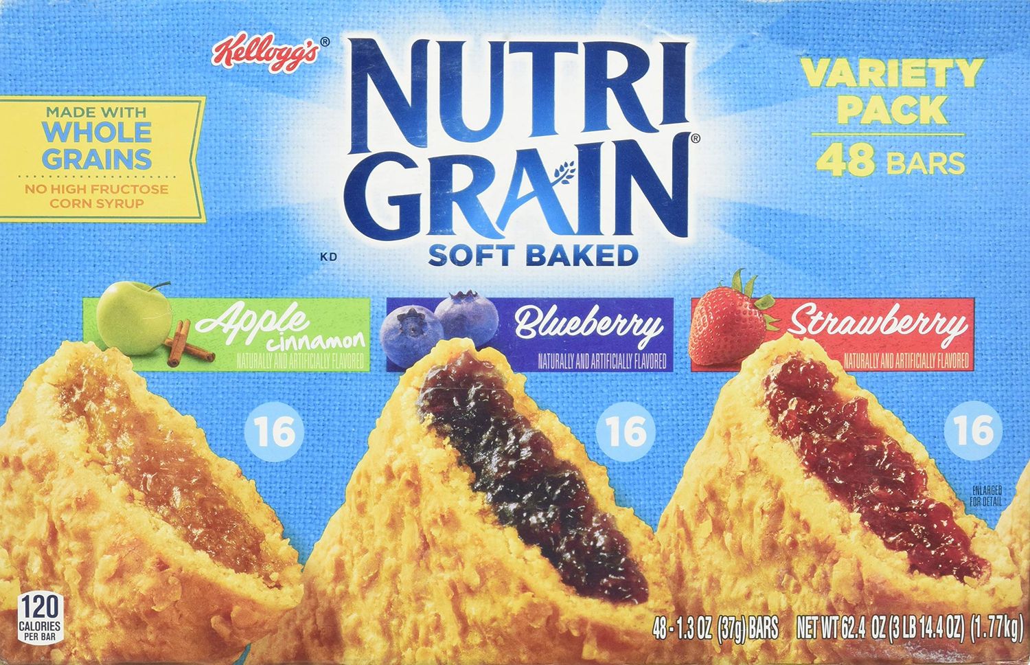 Kellogg&#39;s Nutri-Grain Cereal Bars (Variety Pack of Apple Cinnamon, Blueberry, Strawberry, 48-Count Box)