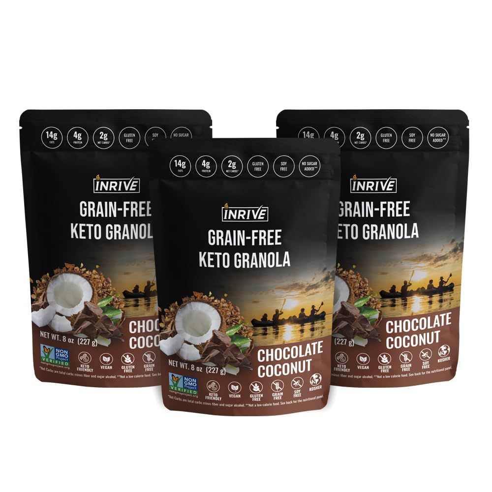 Inrive Keto Grain Free, Gluten Free Granola (Chocolate Coconut), Non GMO, No Sugar Added, Soy Free, Vegan, Kosher, 3 Pack, 8oz
