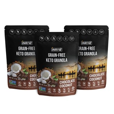 Inrive Keto Grain Free, Gluten Free Granola (Chocolate Coconut), Non GMO, No Sugar Added, Soy Free, Vegan, Kosher, 3 Pack, 8oz