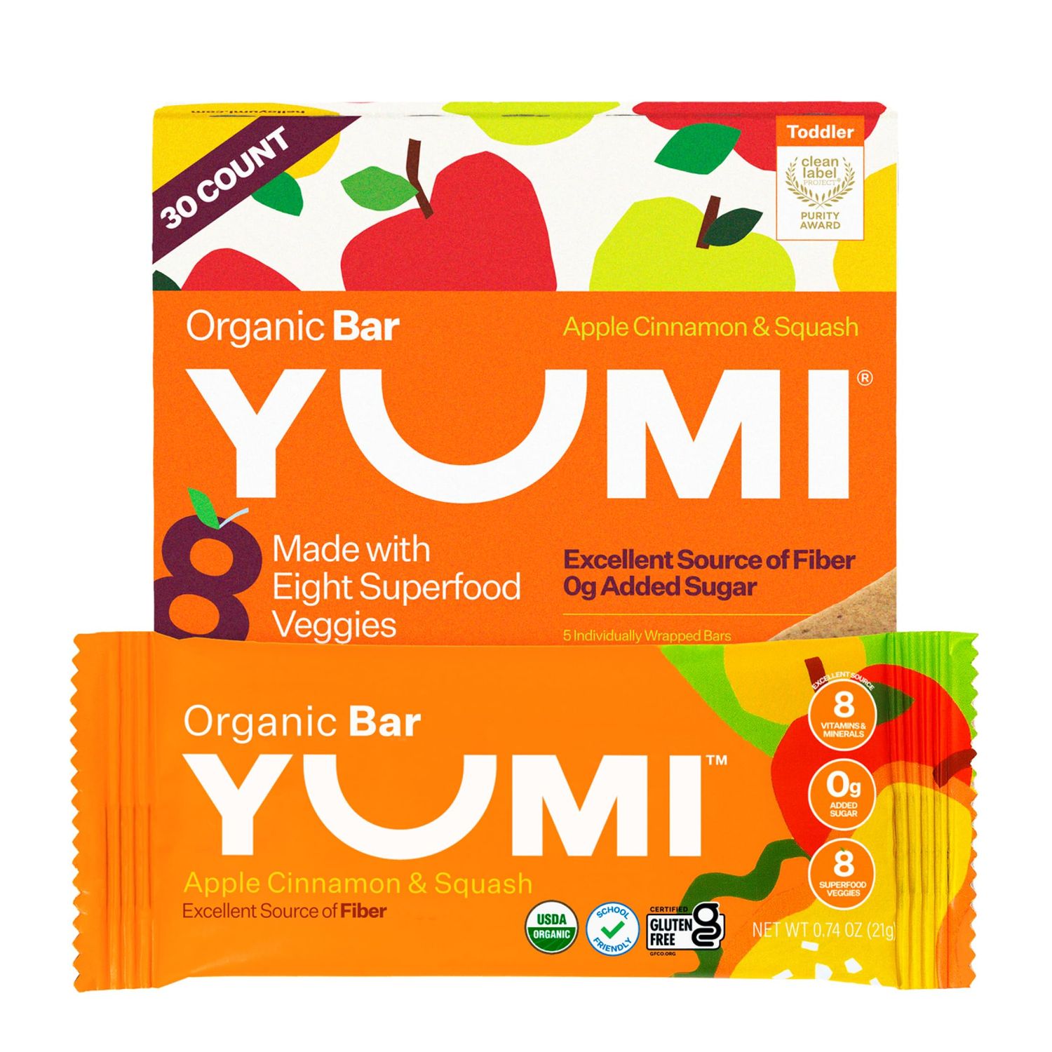Yumi Organic Toddler Snack Bars (30 Count), Gluten-Free, No Added Sugar, 7+ Vegetables, Soft-Baked Crust, Healthy Snack Bars for Kids, School Safe for Kids Lunch Boxes (30, Apple Cinnamon &amp; Squash)
