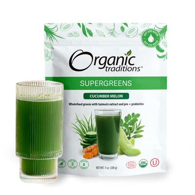 Organic Traditions Super Greens Powder Superfood with Turmeric, Cucumber Melon Flavored Organic Greens Superfood Powder, 200g / 7oz Bag