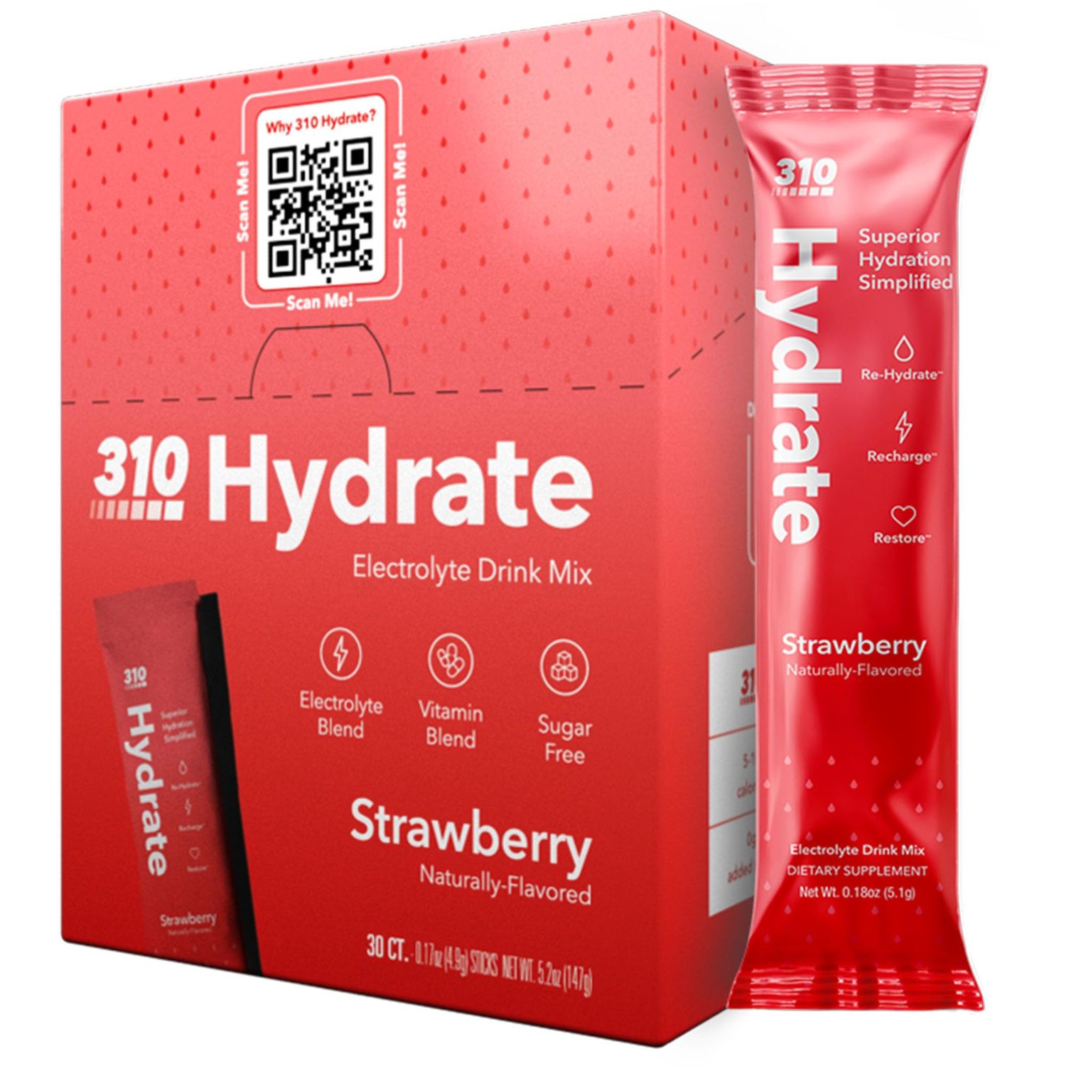 310 Hydrate Strawberry Electrolytes Powder Packets - No Sugar Hydration Packets with Key Vitamins &amp; Minerals - Keto Friendly - Tasty Sugar Free Electrolyte Drink - 30 Single Servings