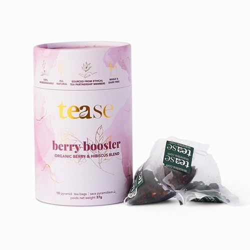 Tease Tea Organic Tea Gift Set | 15 Piece Botanical Pyramid Tea Bag Infuser Sachets Luxury Wellness Tea Lovers Kit Loose Leaf Blend with Elderberry, Currant, Hibiscus Caffeine Free 37g (Berry Booster)