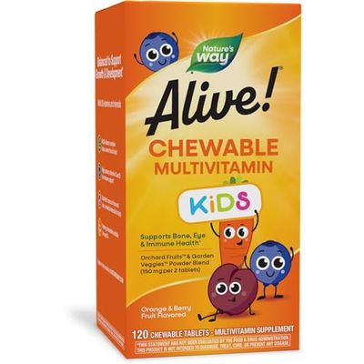 Nature&#39;s Way Alive! Children&#39;s Daily Chewable Multivitamin, Supports Bone, Eye, and Immune Health*, Orange &amp; Berry Fruit Flavored, Gluten Free, 120 Chewable Tablets (Packaging May Vary)
