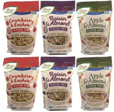Simply Nature Certified Gluten Free 100% Whole Grain Honey Granola 12oz Each/NON GMO/Bulk Variety 6 Pack (2 bags each of Cranberry Cashew Honey, Raisin Almond Honey, &amp; Apple Almond Honey)