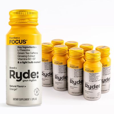 Ryde: Focus Shot | Orange Flavor | L-Theanine &amp; Ginseng | Green Tea Caffeine | Vitamins B2 &amp; B7 | 0 Calories, 0 Sugar | 2 FL OZ Shots | Supports Focus* (8 Pack)