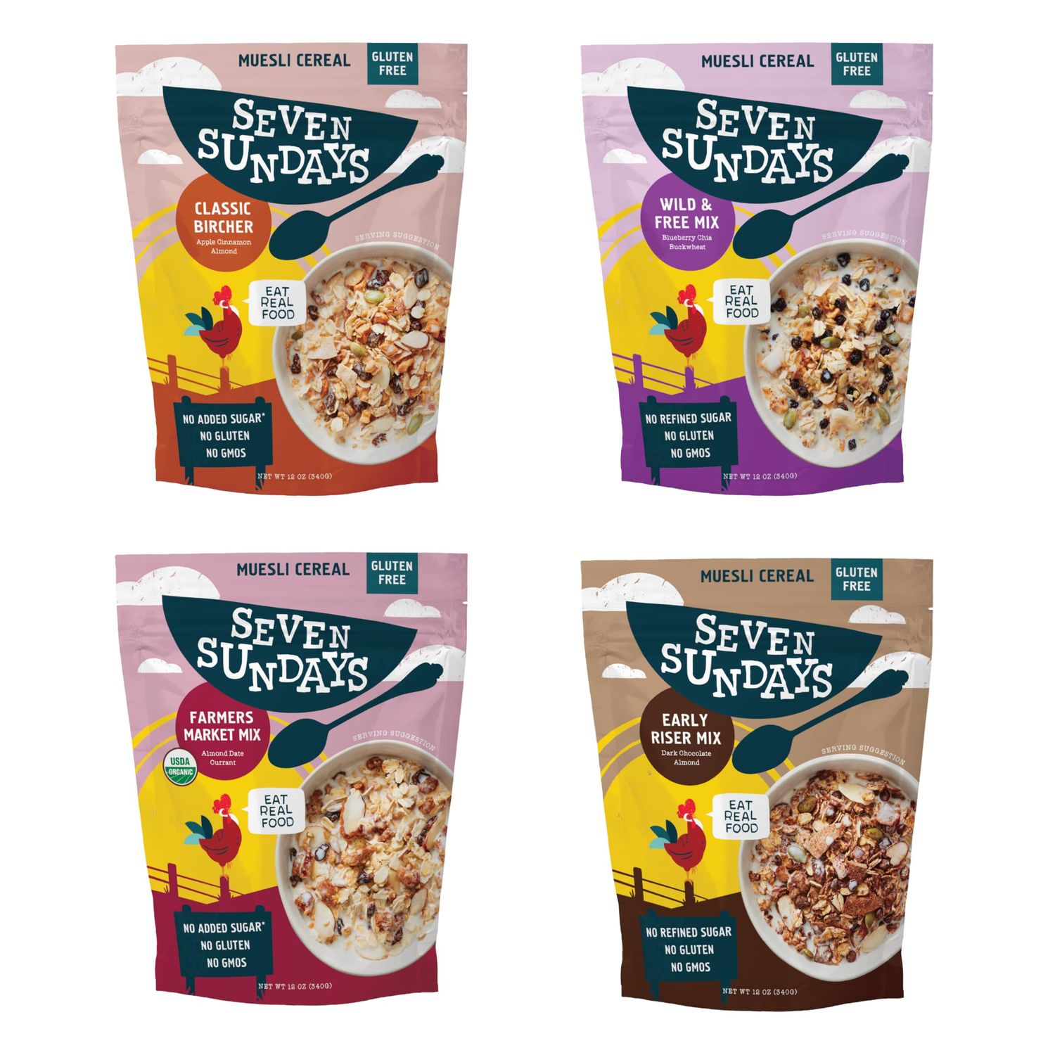 Seven Sundays Muesli Cereal Variety Pack - 4 Count, 12 Oz Bag - Certified Gluten Free Muesli - Non GMO, No Refined Sugar and Kosher