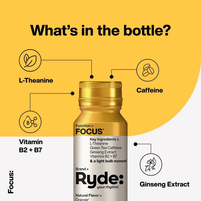 Ryde: Focus Shot | Orange Flavor | L-Theanine &amp; Ginseng | Green Tea Caffeine | Vitamins B2 &amp; B7 | 0 Calories, 0 Sugar | 2 FL OZ Shots | Supports Focus* (8 Pack)