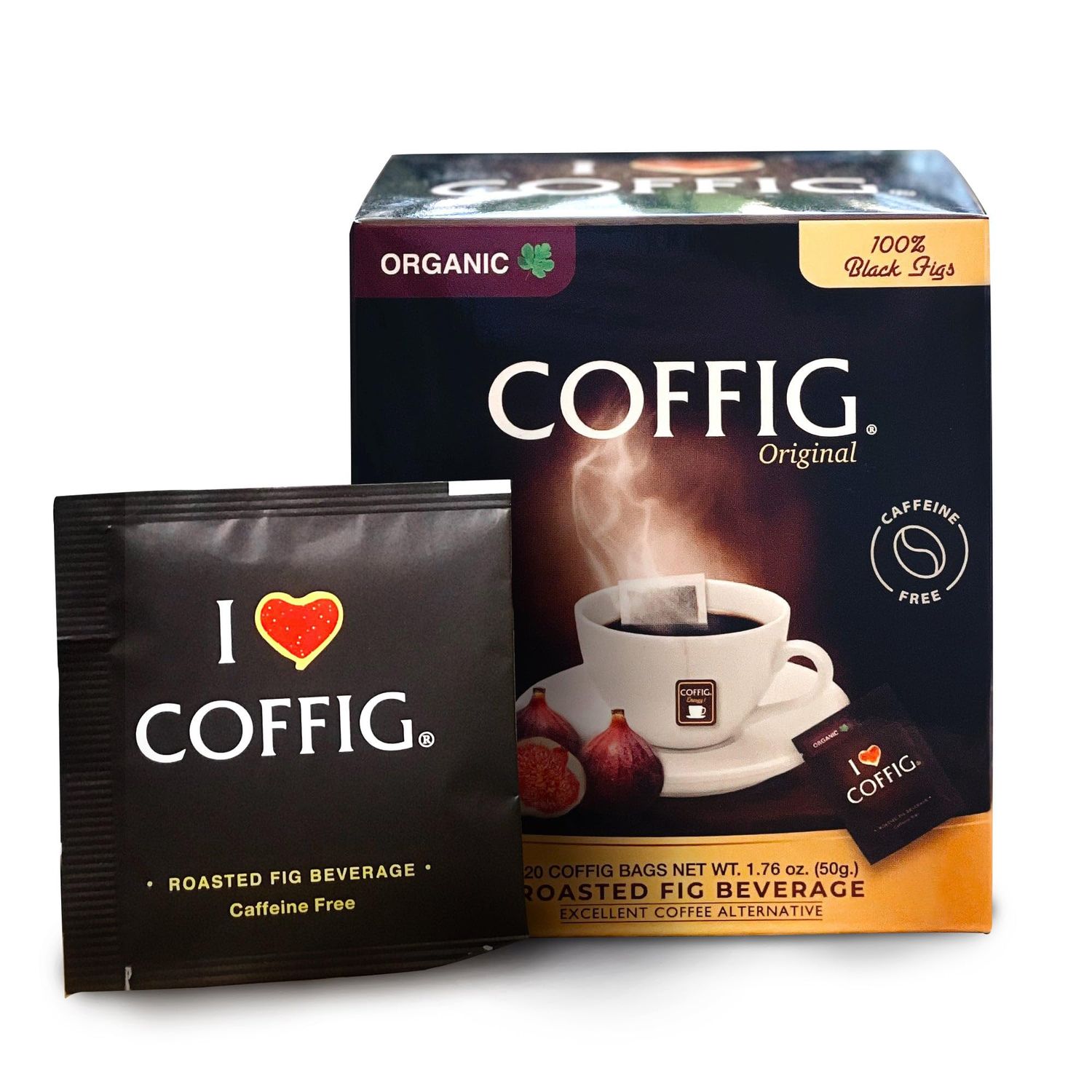 Roasted Organic Black Fig Powder - Caffeine Free Herbal Energy Drink Box of 20 Tea Bags/Sachets
