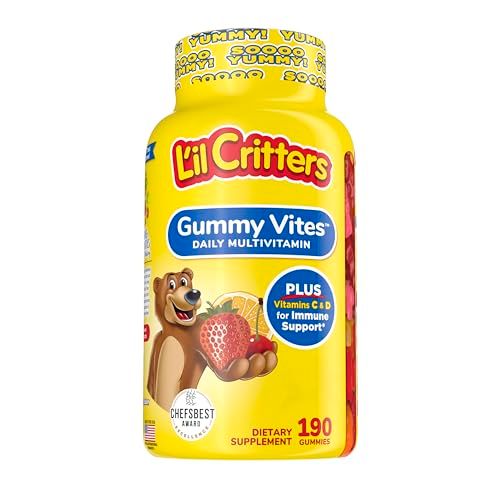 L&#39;il Critters Gummy Vites Daily Kids Gummy Multivitamins Assorted Fruit Flavors for Ages 2+ Toddlers &amp; Kids, Gummy Vitamin with Vitamin C and D, 95-190 Day Supply, 190 Gummies
