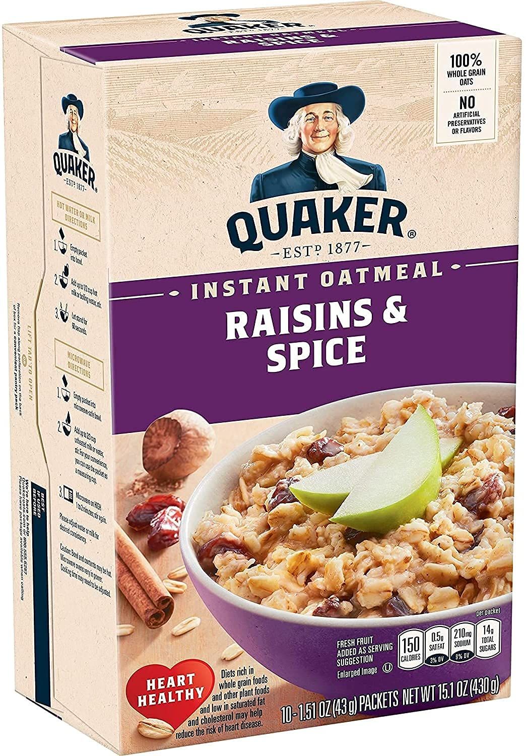 Quaker Instant Oatmeal, Raisin &amp; Spice, Breakfast Cereal, 10 count , 1.51 oz Packets Per Box (Pack of 4)