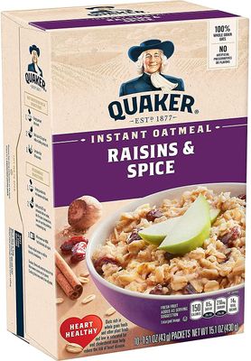 Quaker Instant Oatmeal, Raisin &amp; Spice, Breakfast Cereal, 10 count , 1.51 oz Packets Per Box (Pack of 4)
