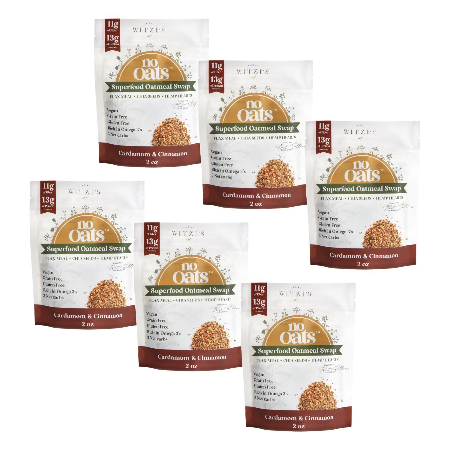 Witzi&#39;s NoOats - Grain Free Overnight Oatmeal Swap - Grain Free, Gluten Free, No Sugar, Low Carb, Vegan, Keto, Superfood Seed Mix - Cardamom &amp; Cinnamon Flavor, 2oz (Pack of 6)