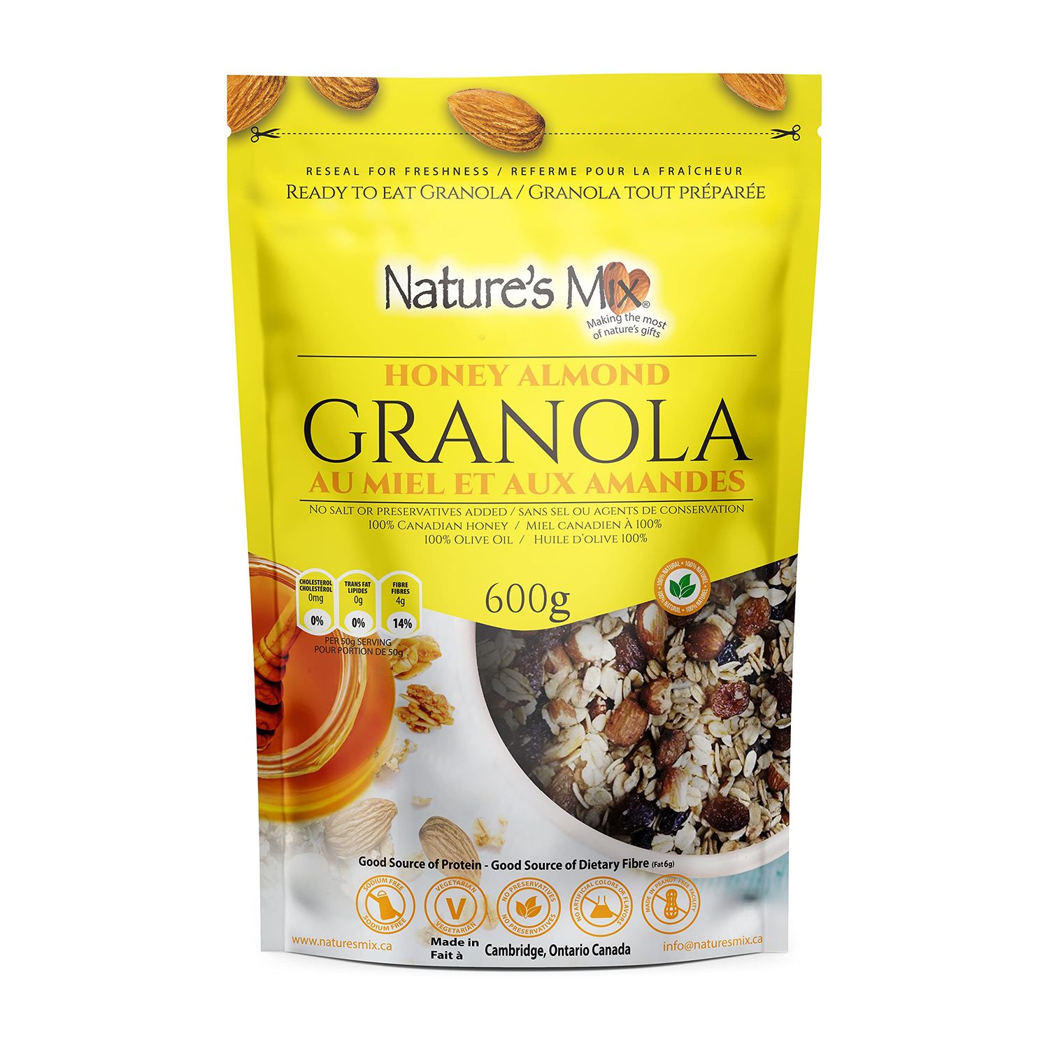 Nature&#39;s Mix Honey Almond Granola - with Almonds, Raisins, and Dried Currants - Sweetened with Canadian Honey - No Sugar, Salt, or Preservatives - Ideal for Yogurt, Cereal, or Snacking - Large