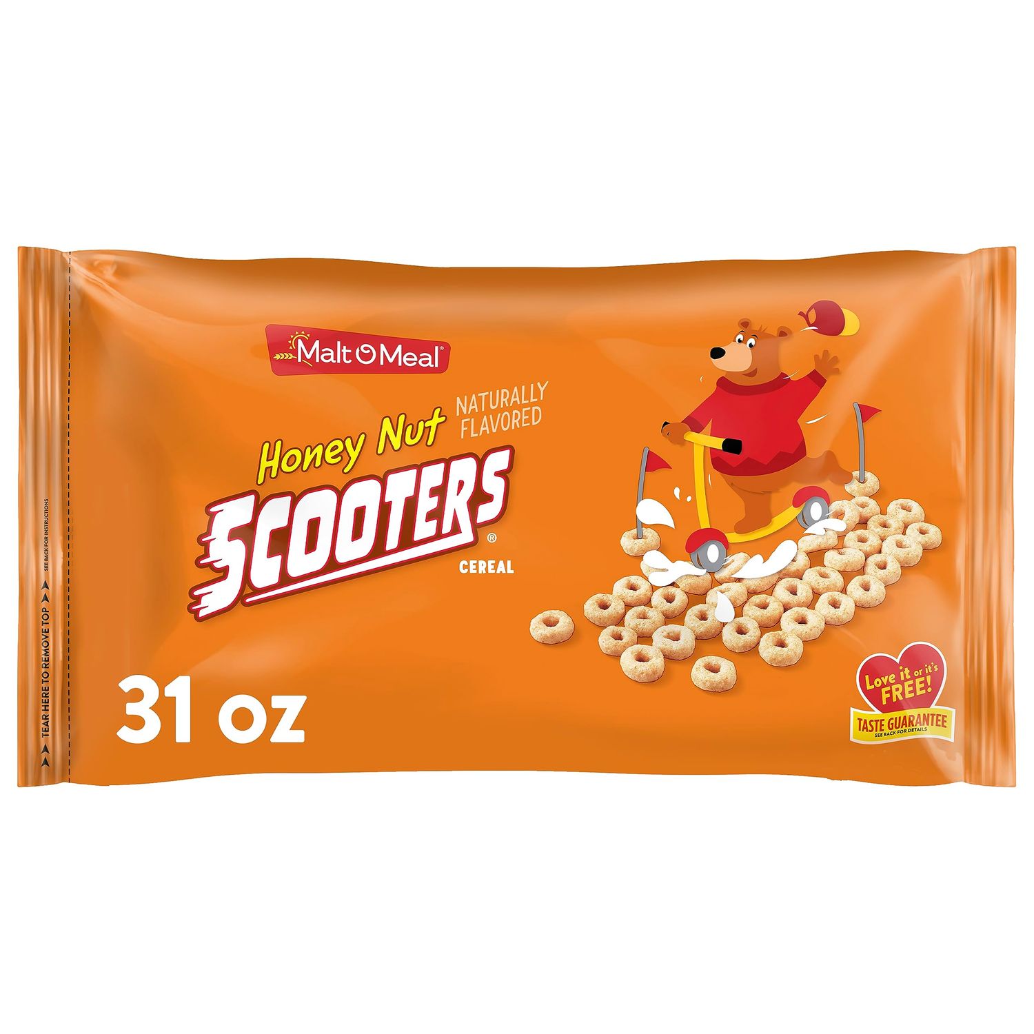 Malt-O-Meal Honey Nut Scooters Breakfast Cereal, Oat Cereal O&#39;s with Honey Flavor, Large Cereal for Family, 31 OZ Resealable Cereal Bag