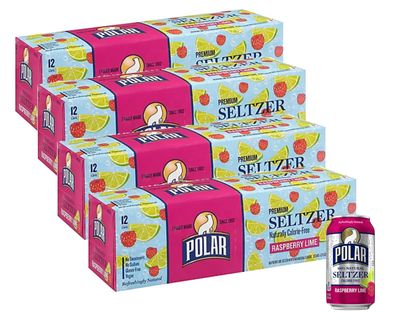 Polar Seltzer Water Raspberry Lime 100% Natural Sparkling Soda Beverage Soft Drink Cans - 4 Cases (48 Pack)