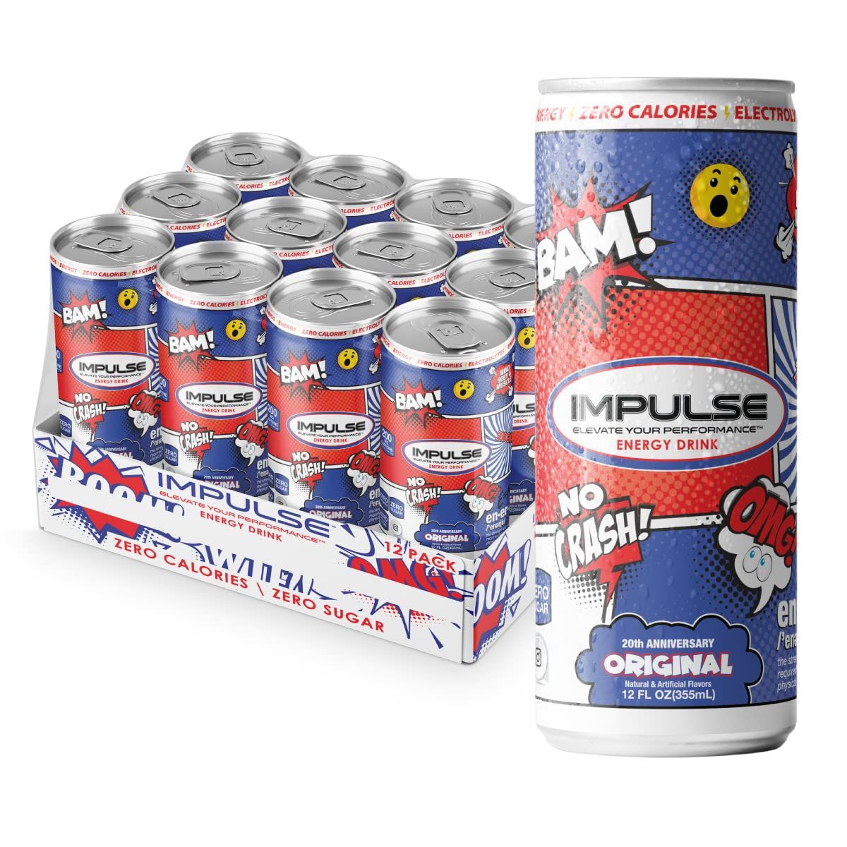 IMPULSE Energy Drink, Great Tasting, Boost Energy, No Crash, Zero Sugar, Packed With BCAA Aminos, Electrolytes, Fitness &amp; Energy Drink (12 Cans, Original)