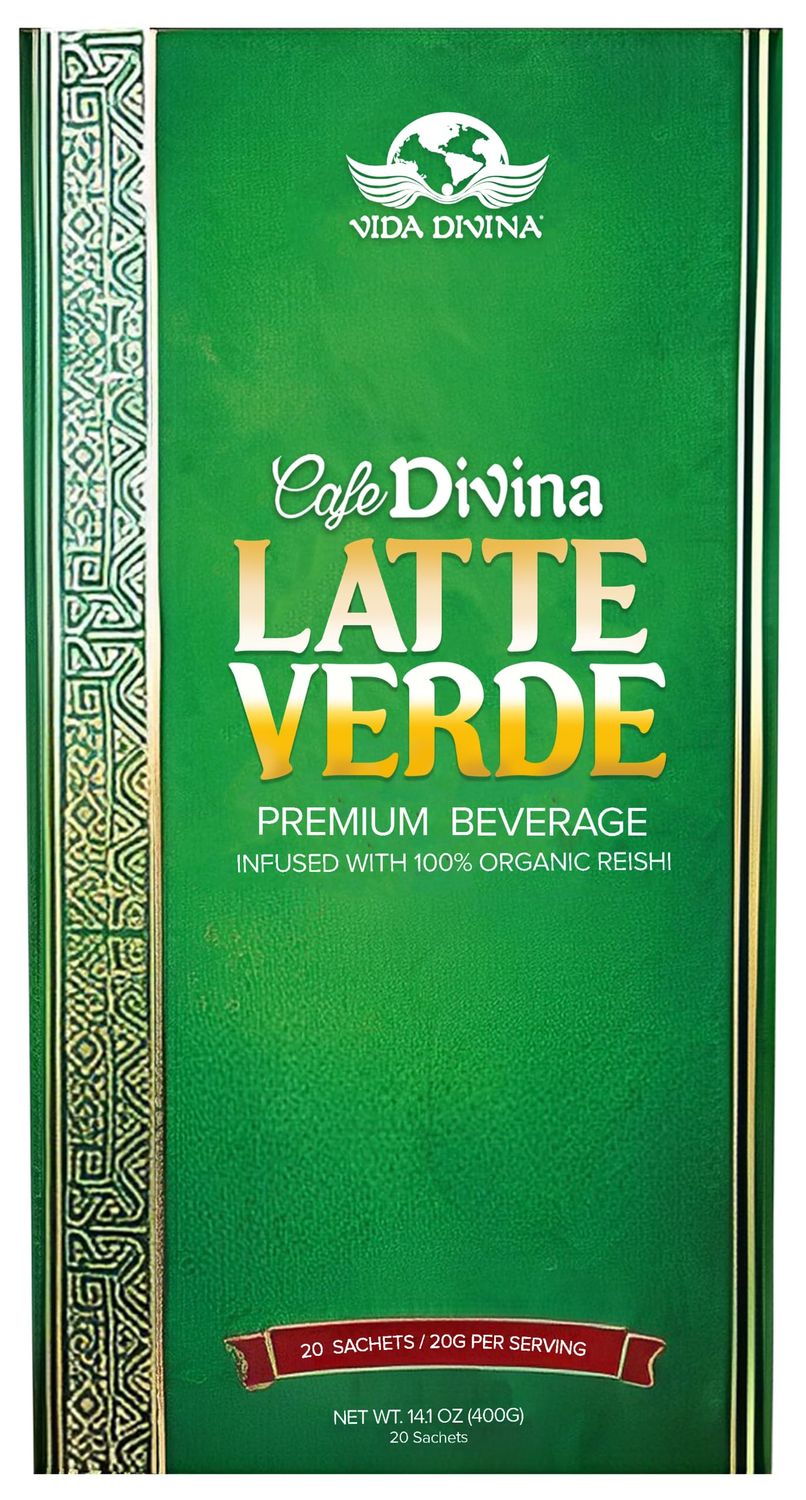 Vida Divina Latte Verde - Energizing Reishi &amp; Matcha Blend for Healthy Life Style - Liver &amp; Heart Support, Weight Control, Energy &amp; Focus, 20 Sachets
