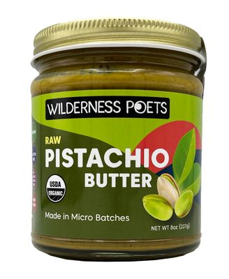 Wilderness Poets, Pistachio Butter - Organic, Raw, 100% Pistachio - Glass Jar (8 Ounce) - Perfect for Dubai Chocolate Bar Desserts with Knafeh or Savory Creations - Unsweetened, California-Grown