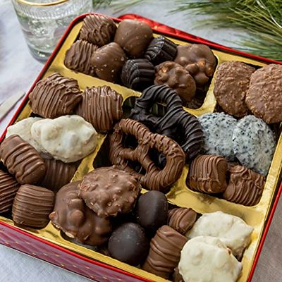 Chocolate Gift Basket- Gourmet Chocolate Snack Variety Present in Keepsake Tray- Includes Belgium Pretzels, Peppermint Patties, Sea Salt Caramels, Chocolate Espresso Beans- Bonnie and Pop