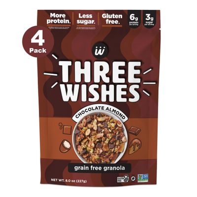 Three Wishes Granola, Chocolate Almond (4-Pack) - Gluten Free Granola, 6g Protein &amp; 3g Sugar Healthy Breakfast &amp; On-the-Go Snack - Vegan, Kosher &amp; Grain-Free