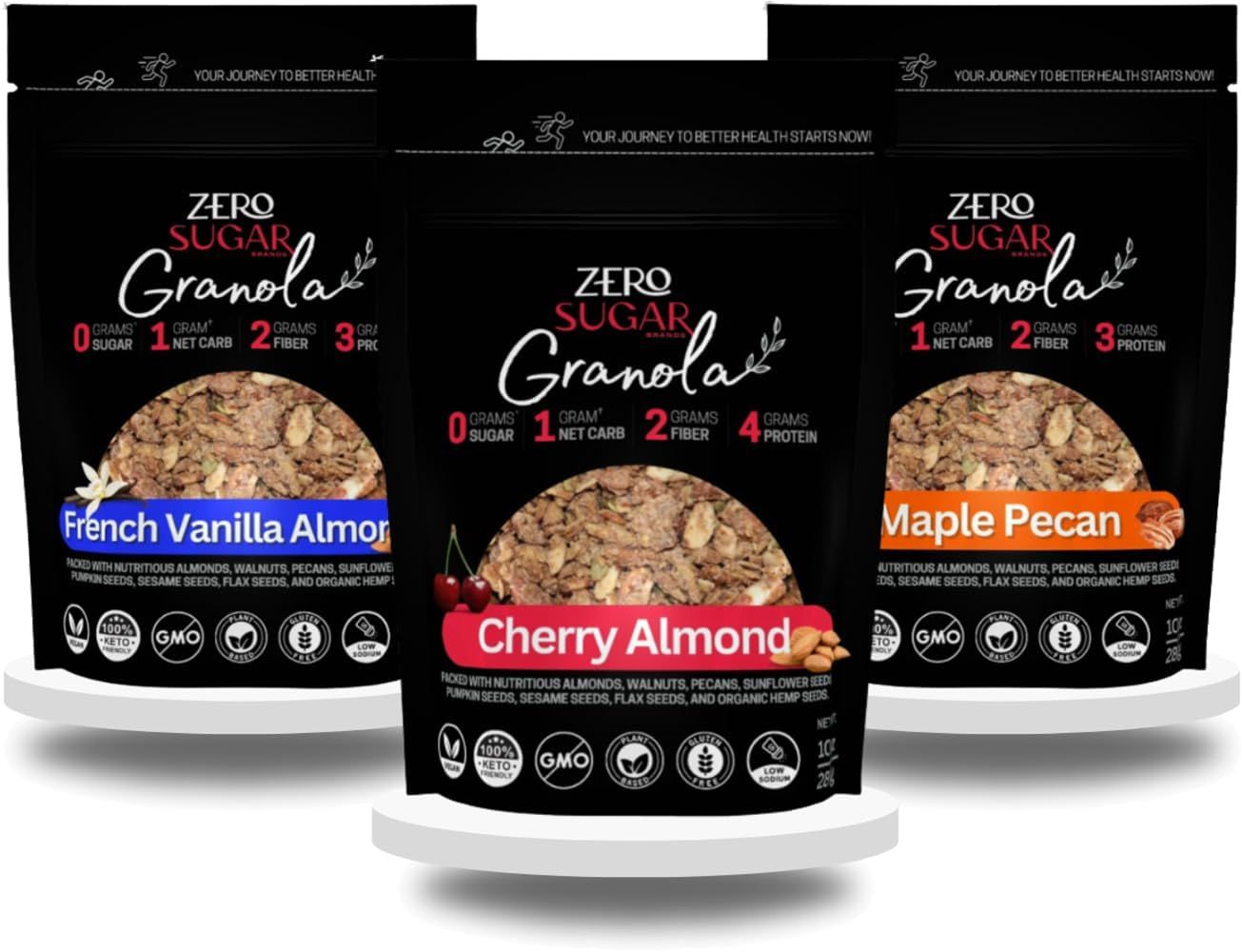 Zero Sugar Granola - VARIETY PACK - Healthy Cereal Granola, Perfect for Yogurt | Keto, Vegan, Low Carb, Gluten-Free, Low Sodium, Diabetic Friendly, Paleo, and Plant-Based Diet (3-Pack)