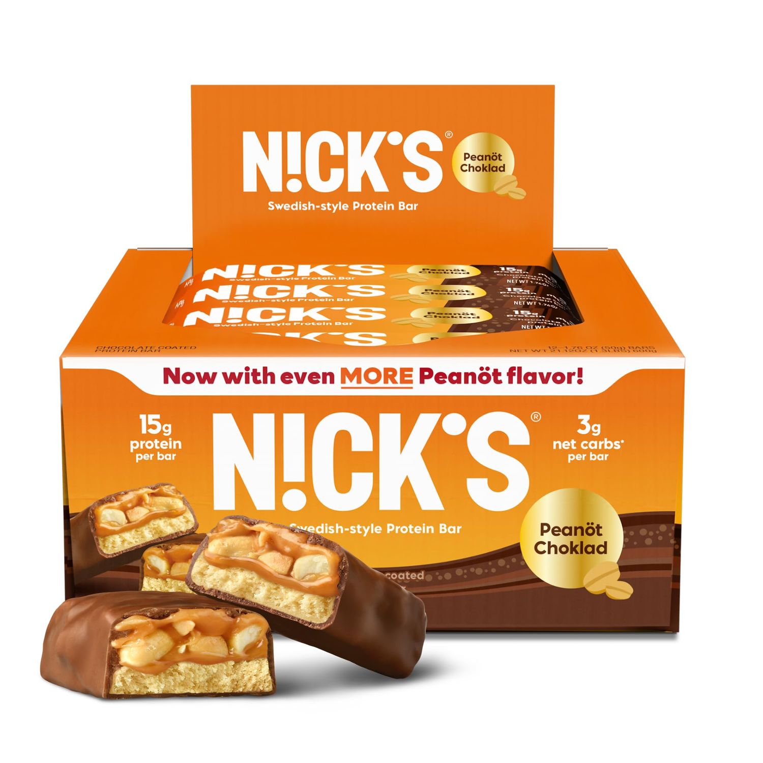 NICKS Protein Bars Chocolate Peanut | 15g protein | 200 calories | Low Carb Keto Friendly Snacks No Added Sugar (Multipack 12 bars x 50g)