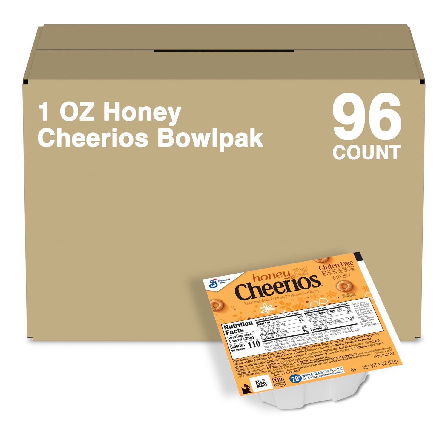 Honey Cheerios Single Serve Bowl, Heart Healthy Breakfast Cereal, Gluten Free Cereal with Whole Grain Oats, 1 Oz Single Serve Bowls, 96 Count