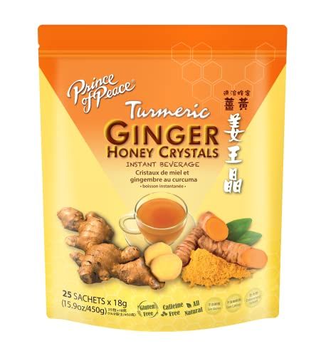 Prince of Peace Instant Ginger Honey Crystals w/ Turmeric, 25 Sachets - Instant Hot or Cold Beverage - Easy to Brew Ginger and Honey Tea, Caffeine and Gluten Free