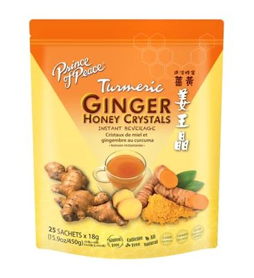 Prince of Peace Instant Ginger Honey Crystals w/ Turmeric, 25 Sachets - Instant Hot or Cold Beverage - Easy to Brew Ginger and Honey Tea, Caffeine and Gluten Free