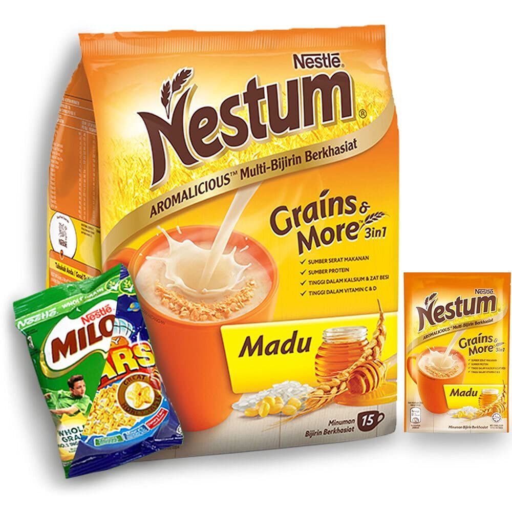 Nestle Nestum All Family 3-in-1 Instant Cereal Milk Drink and 1-Pack Snack Bundle (Milo or Koko Krunch, 30 g) - Low Fat Wholemeal Wheat, Rice &amp; Corn Grits, Fortified Vitamins (Honey, 15 Sachets)