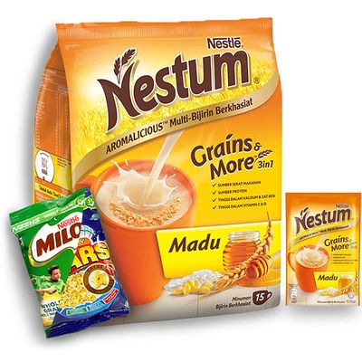 Nestle Nestum All Family 3-in-1 Instant Cereal Milk Drink and 1-Pack Snack Bundle (Milo or Koko Krunch, 30 g) - Low Fat Wholemeal Wheat, Rice &amp; Corn Grits, Fortified Vitamins (Honey, 15 Sachets)