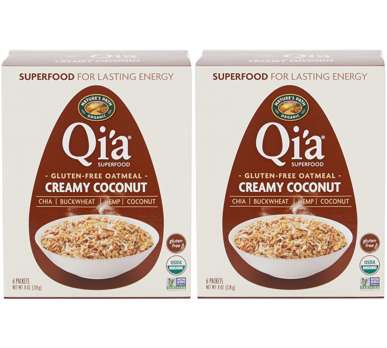 Qi&#39;a Superfood Organic Hot Oatmeal - Creamy Coconut - 2 Boxes with 6 Packets Each Box (12 Packets Total) (8 oz each)