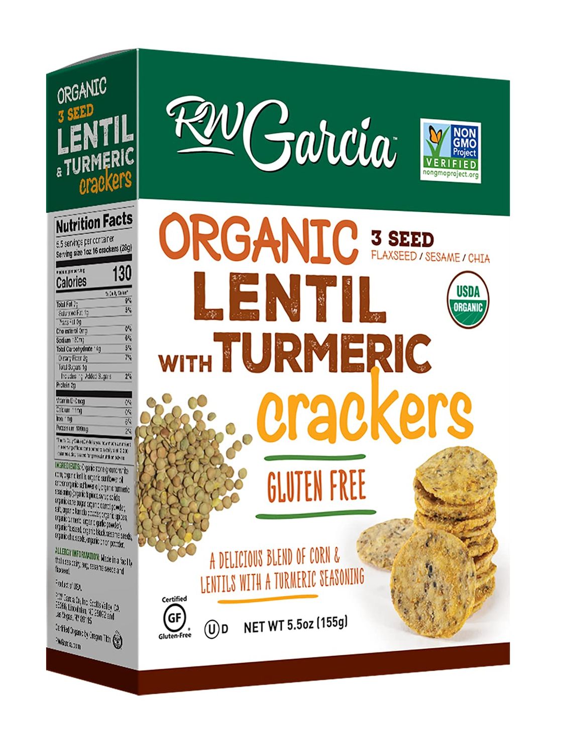 RW Garcia Organic Lentil &amp; Turmeric Crackers, Gluten Free, 5.5oz boxes, 6 pack