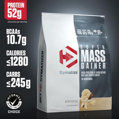 Dymatize Super Mass Gainer Protein Powder, 1280 Calories &amp; 52g Protein, 10.7g BCAAs, Mixes Easily, Tastes Delicious, Gourmet Vanilla, 12 lbs