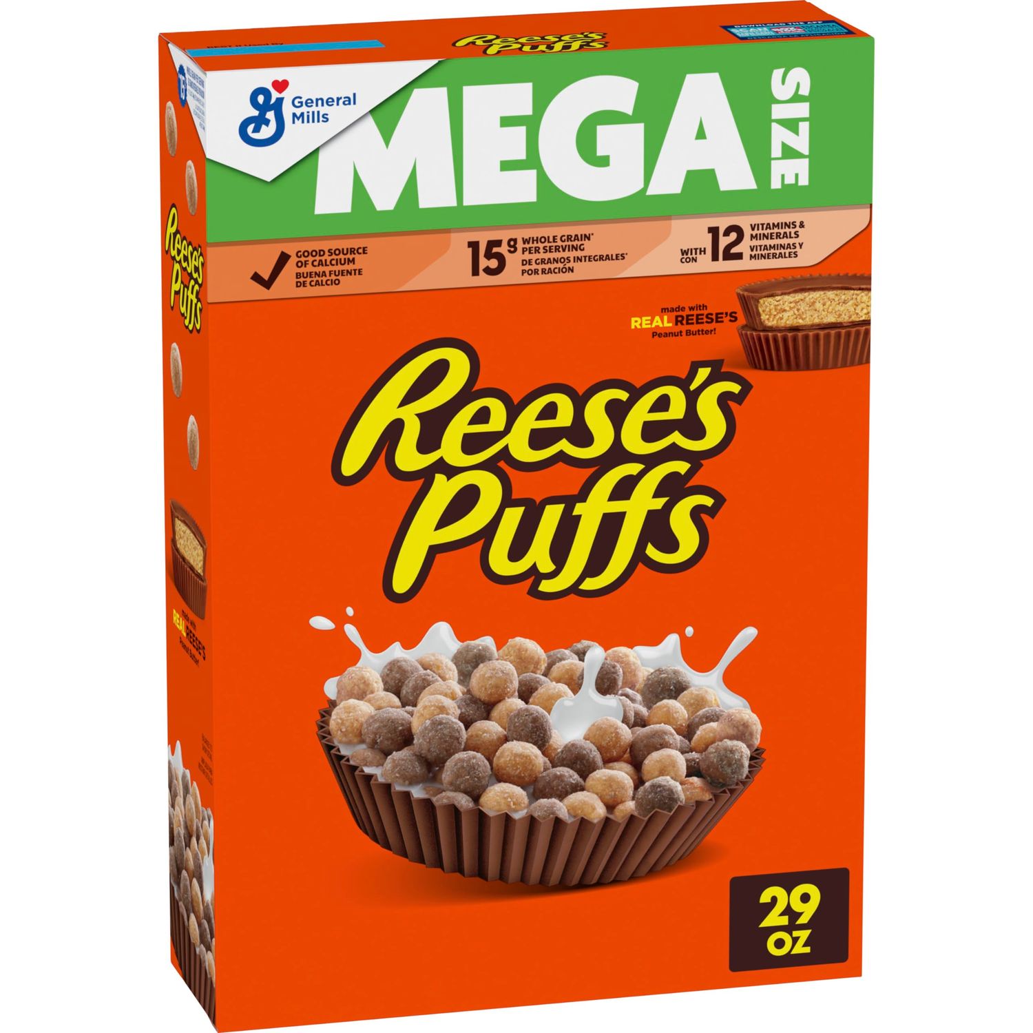 REESE&#39;S PUFFS Chocolatey Peanut Butter Cereal, Kids Breakfast Cereal, Mega Size, 29 oz