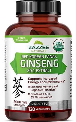 Zazzee USDA Organic Red Korean Panax Ginseng 20:1 Extract, 8000 mg Strength, 5% Ginsenosides, 120 Vegan Capsules, Standardized and Concentrated 20X Root Extract, 100% Vegetarian, All-Natural, Non-GMO