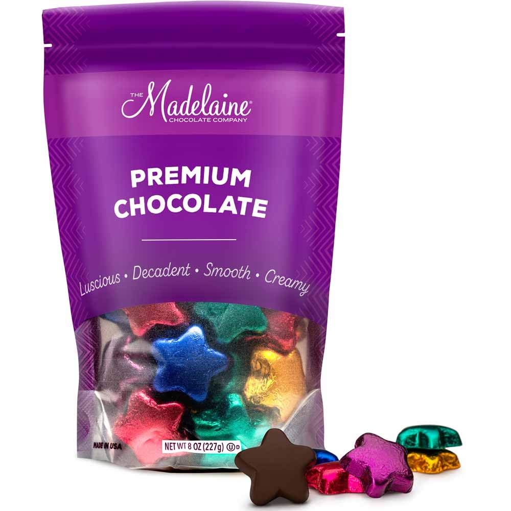 Madelaine Chocolates Solid Premium Dark Chocolate Stars, Wrapped In Italian Foil In Assorted Colors. - 1/2 Pound