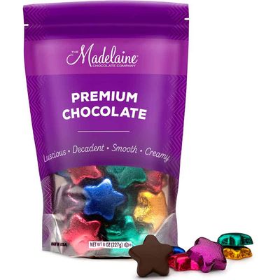 Madelaine Chocolates Solid Premium Dark Chocolate Stars, Wrapped In Italian Foil In Assorted Colors. - 1/2 Pound