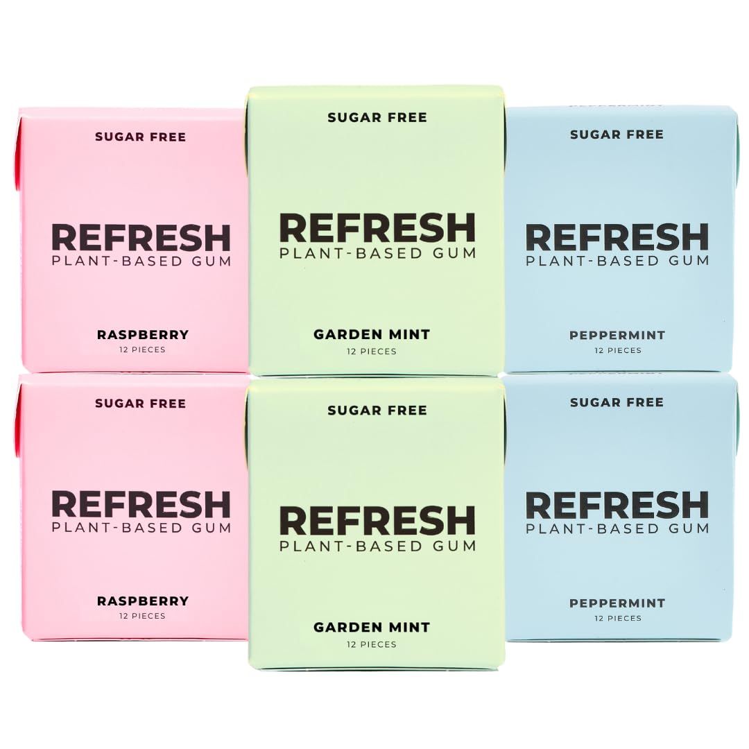 Refresh Plant Based Gum, Sugar Free, Long Lasting Chewing Gum with Stevia, Xylitol, Natural Flavors &amp; Organic Ingredients, Non GMO, Peppermint, Garden Mint &amp; Raspberry Variety Pack, 12 Pcs, 6 Pack