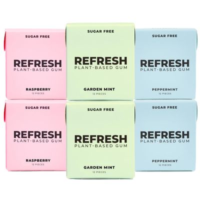 Refresh Plant Based Gum, Sugar Free, Long Lasting Chewing Gum with Stevia, Xylitol, Natural Flavors &amp; Organic Ingredients, Non GMO, Peppermint, Garden Mint &amp; Raspberry Variety Pack, 12 Pcs, 6 Pack